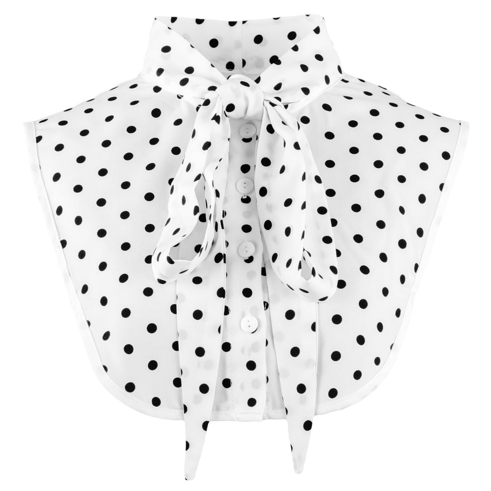 HALLMERS White Bow Tie Black Polka Dot Soft Satin Polyester Detachable Collar Elegant Knot Vintage Layered Style Buttoned Dickey Faux Shirt Fake Top False Blouse Dickie Removable Dicky Womens Bib