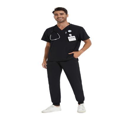 COZYFIT Men Scrubs Set  Stretch V-Neck Scrub Top & Jogger Pant with 8 Pockets, Yoga Waistband, Anti-Wrinkle - Black, M