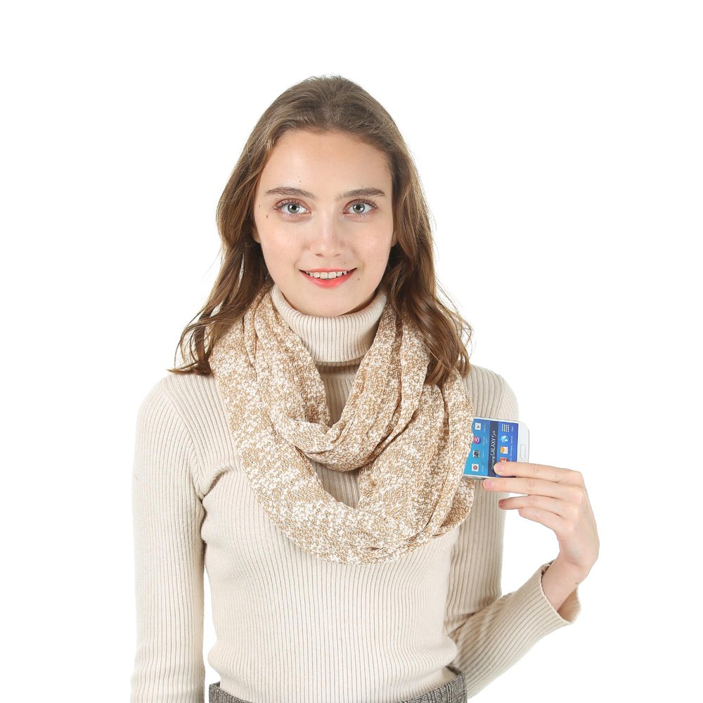 IFEBEGU Invisible Pocket Travel Scarf Winter Plaid Infinity Scarf with Zipper Pocket to store Phone, Keys, and Wallet,Women Lightweight Travel Neck Wrap (Snow Cotton Off White)