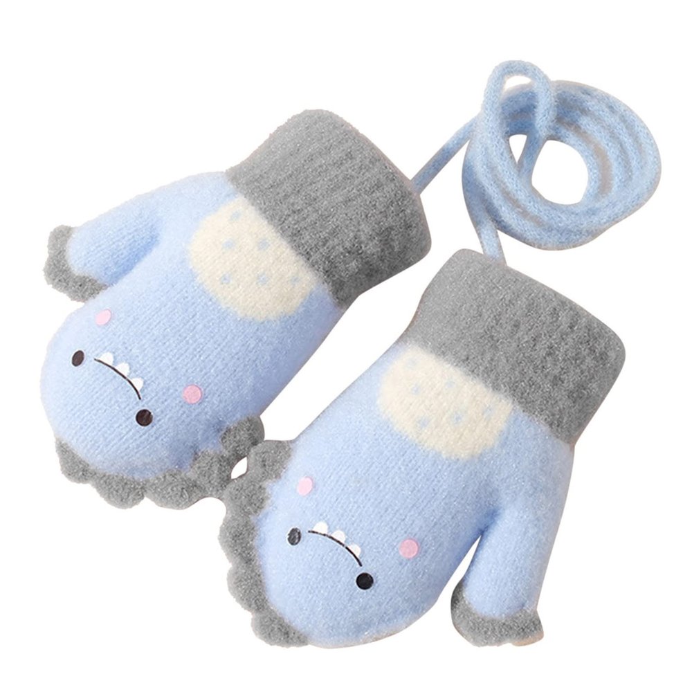 Kids Toddler Mittens with String Cartoon Winter Knit Warm Fleece Lined Snow Gloves for Baby Girls Boys (Blue, One Size)