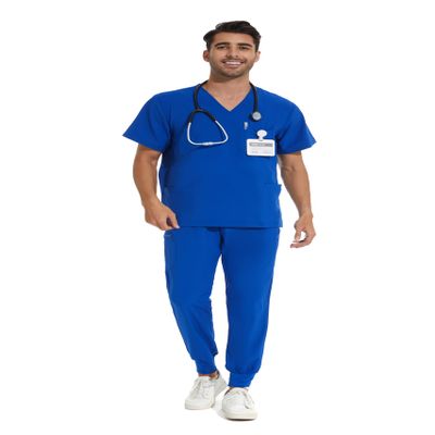 COZYFIT Men Scrubs Set  Stretch V-Neck Scrub Top & Jogger Pant with 8 Pockets, Yoga Waistband, Anti-Wrinkle - Royal Blue, XS