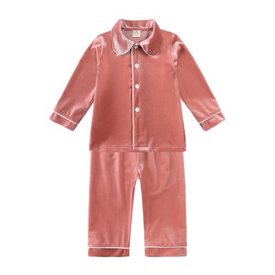 Kids Tales Child Velvet Pajama Sets Christmas Button Down Long Sleeve Shirt + Long Pants Boys Girls Solid Loungewear 2PCS