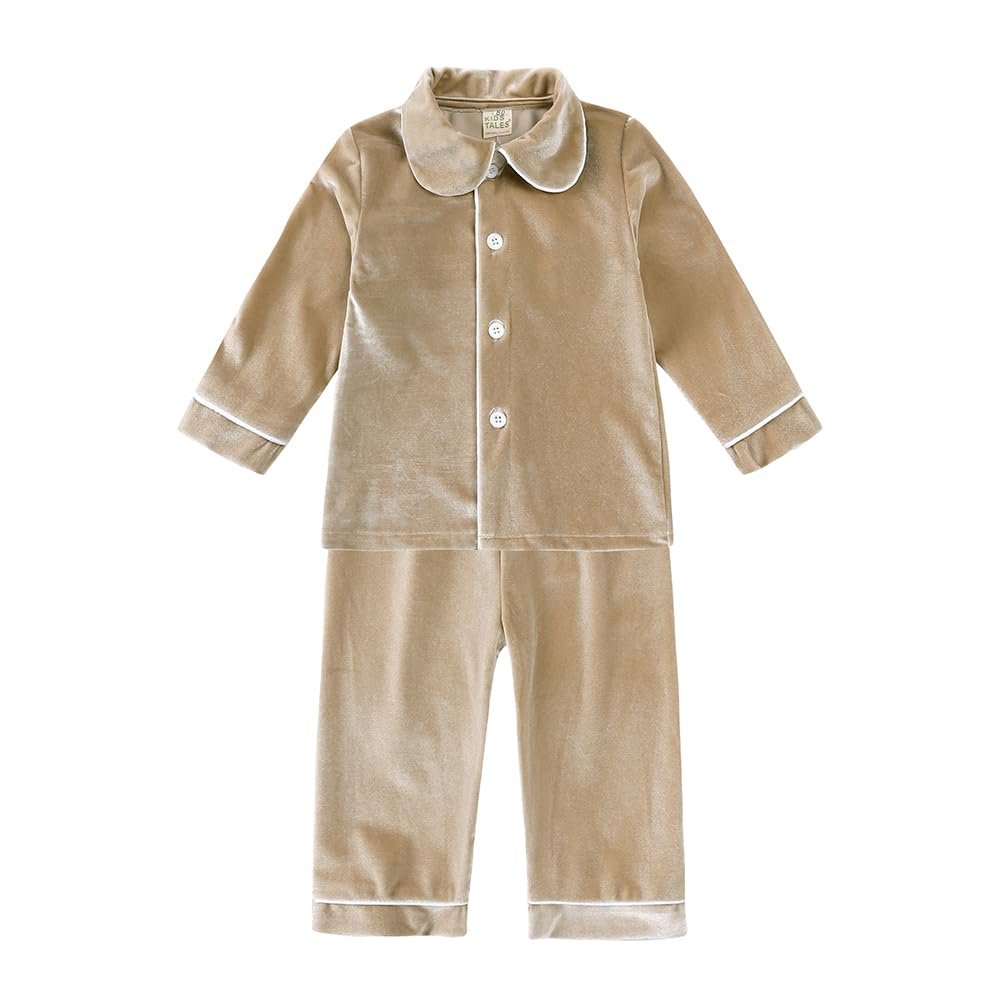 Kids Tales Child Velvet Pajama Sets Christmas Button Down Long Sleeve Shirt + Long Pants Boys Girls Solid Loungewear 2PCS