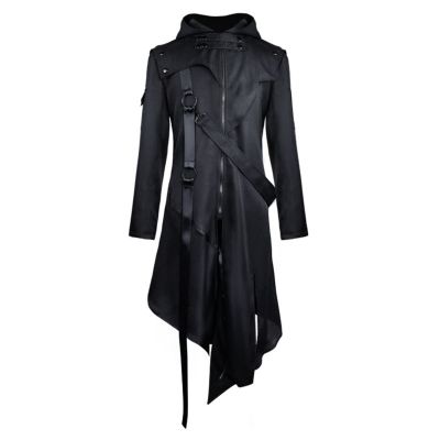 QAHEART Men's Long Tench Coats, Steampunk Vintage Hooded Jacket, Windproof Warm Medieval Gothic Tailcoat Halloween Costume