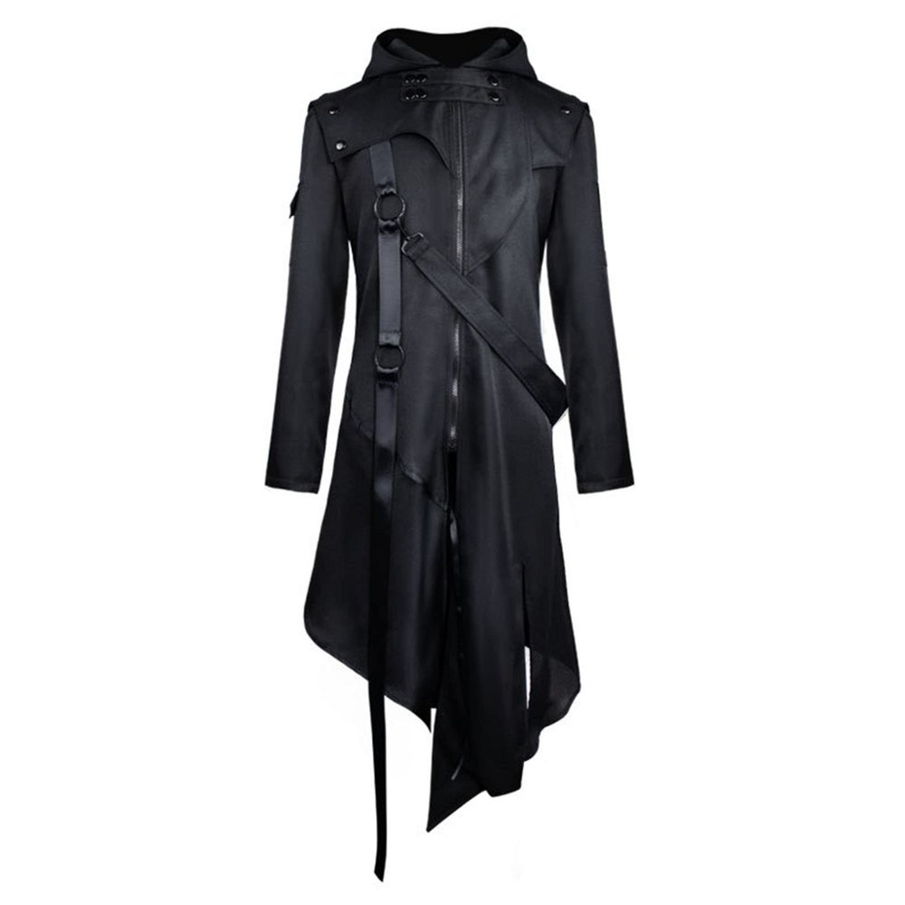 QAHEART Men's Long Tench Coats, Steampunk Vintage Hooded Jacket, Windproof Warm Medieval Gothic Tailcoat Halloween Costume