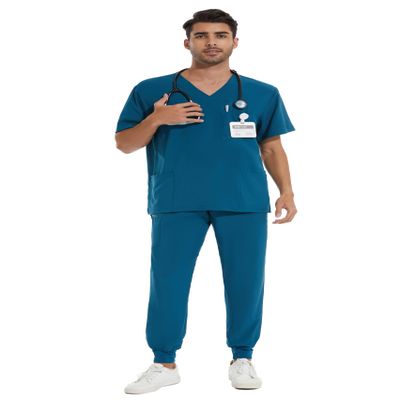 COZYFIT Men Scrubs Set  Stretch V-Neck Scrub Top & Jogger Pant with 8 Pockets, Yoga Waistband, Anti-Wrinkle - Caribbean Blue, M