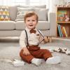 0-3 Months Newborn Baby Boys Formal Suit Gentleman Outfits Newborn Baby Boy Clothes Bowtie Romper fall winter Long Sleeve Clothes Baby Boy Bodysuit Shirt Suspender Pants Wedding Tuxedo Outfit Beige view 2
