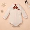 0-3 Months Newborn Baby Boys Formal Suit Gentleman Outfits Newborn Baby Boy Clothes Bowtie Romper fall winter Long Sleeve Clothes Baby Boy Bodysuit Shirt Suspender Pants Wedding Tuxedo Outfit Beige view 4