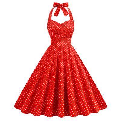 50s Dresses for Women, Vintage Polka Dots Sleeveless Halter A-line Rockabilly Swing Dress Hepburn Style Retro Cocktail Tea Party Picnic Pinup Summer Dresses Red-Polka dots L
