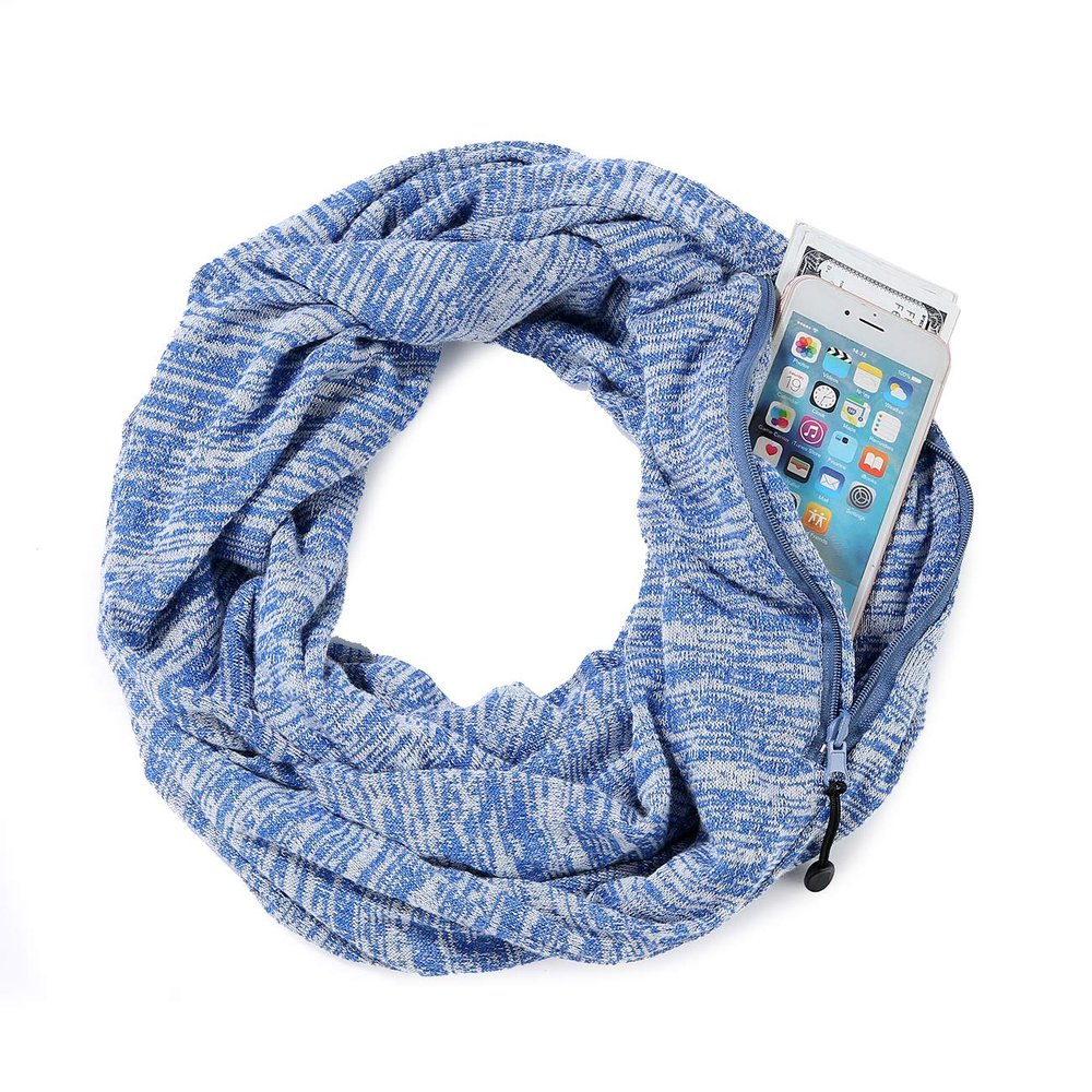 IFEBEGU Invisible Pocket Travel Scarf Winter Plaid Infinity Scarf with Zipper Pocket to store Phone, Keys, and Wallet,Women Lightweight Travel Neck Wrap (CM-01blue)