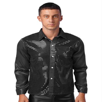 dPois Men Long Sleeve Shiny Sequin Shirts Latin Jazz Dancewear Stage Performance Costume Fancy Shirt Top Black Medium