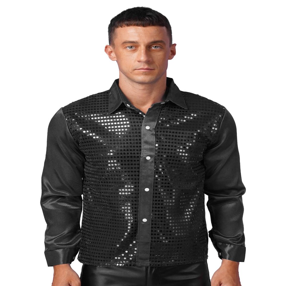 dPois Men Long Sleeve Shiny Sequin Shirts Latin Jazz Dancewear Stage Performance Costume Fancy Shirt Top Black Medium