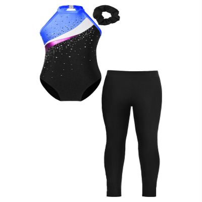 ranrann Kids Girls Shiny Ballet Dance Outfits Sleeveless Gymnastic Leotard with Shorts and Hair Band Tracksuit Unitards Blue&Black 12 Years