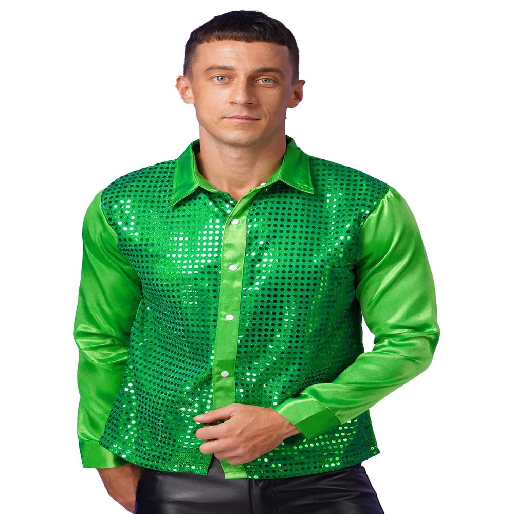 dPois Men Long Sleeve Shiny Sequin Shirts Latin Jazz Dancewear Stage Performance Costume Fancy Shirt Top Green Medium