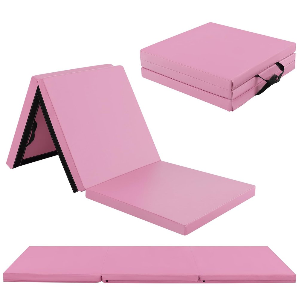GYMAX Folding Gymnastics Mat, Tri-fold 6 x 2 x 2 Exercise Mat with Carrying Handles, Waterproof PU Leather, Hook & Loop Fasteners, Portable Lightweight Tumbling Mat for Yoga Home Gym Fitness (Pink)