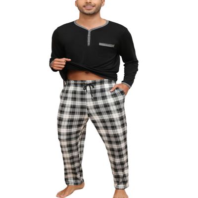 Yukiuiny Mens Long Sleeve Pyjama Sets Comfy Lounge Nightwear,Black Cotton Top/Black and White Plaid Bottom M