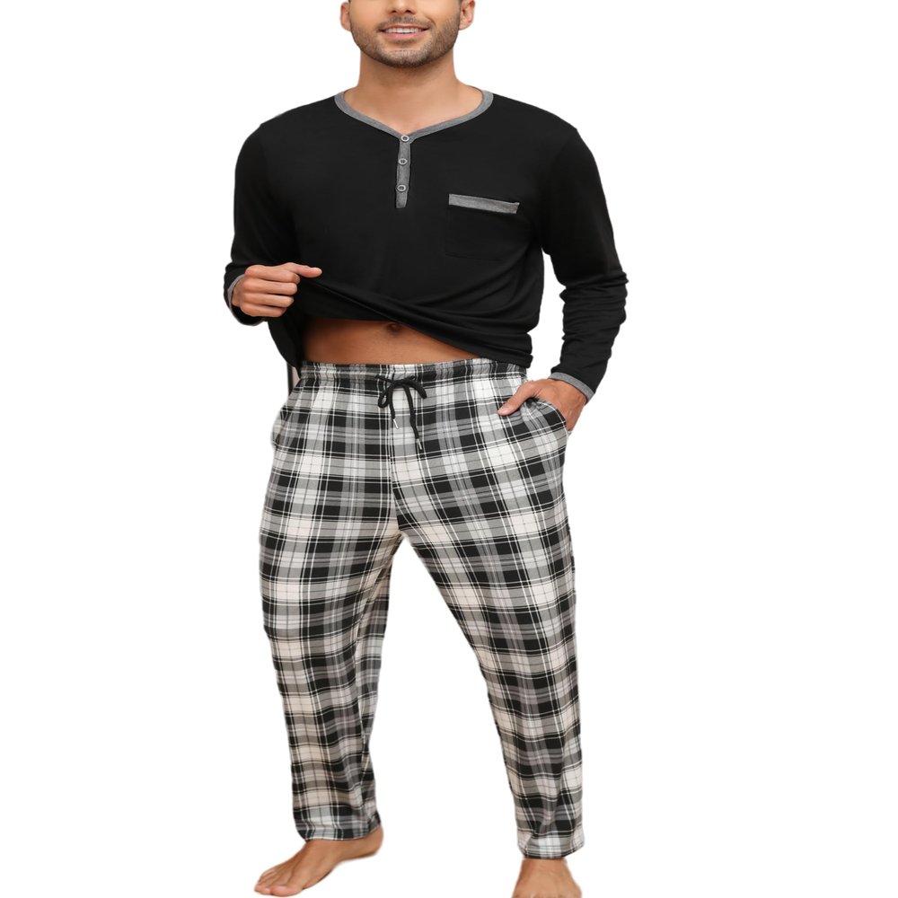 Yukiuiny Mens Long Sleeve Pyjama Sets Comfy Lounge Nightwear,Black Cotton Top/Black and White Plaid Bottom M