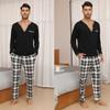 Yukiuiny Mens Long Sleeve Pyjama Sets Comfy Lounge Nightwear,Black Cotton Top/Black and White Plaid Bottom M view 2