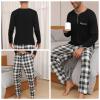 Yukiuiny Mens Long Sleeve Pyjama Sets Comfy Lounge Nightwear,Black Cotton Top/Black and White Plaid Bottom M view 4