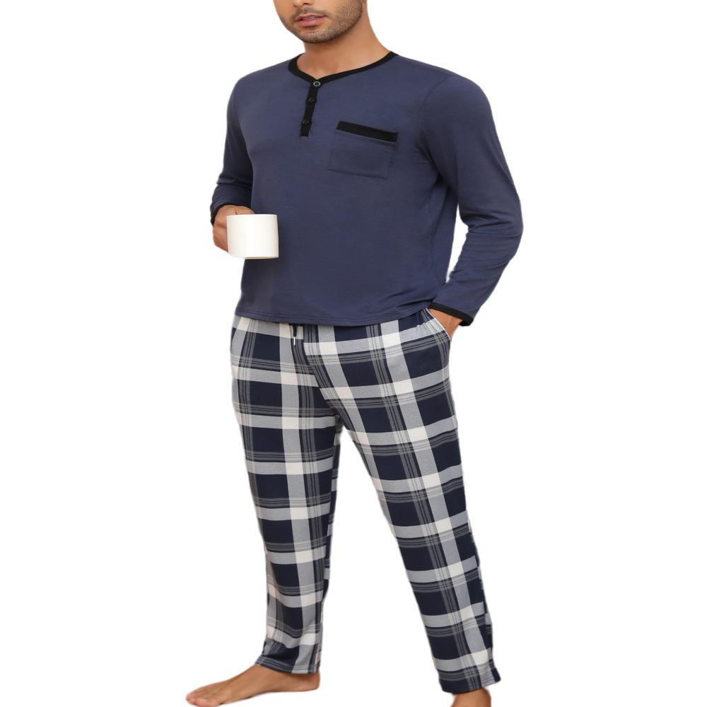 Yukiuiny Mens Pyjama Sets Comfy Loungewear Nightwear Long Sleeve Pocket Pjs, Blue Cotton Top/Navy Blue Plaid Bottom M