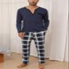 Yukiuiny Mens Pyjama Sets Comfy Loungewear Nightwear Long Sleeve Pocket Pjs, Blue Cotton Top/Navy Blue Plaid Bottom M view 3
