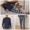 Yukiuiny Mens Pyjama Sets Comfy Loungewear Nightwear Long Sleeve Pocket Pjs, Blue Cotton Top/Navy Blue Plaid Bottom M view 4