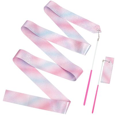 CREATCABIN 2Pcs Polycotton Dance Ribbons Sparkling Gymnastic Ribbons Rhythmic Gymnastic Streamers Pink Twirling Ribbons with Wand for Talent Shows Artistic Dancing Circus Carnival Baton Stick 76.7Inch