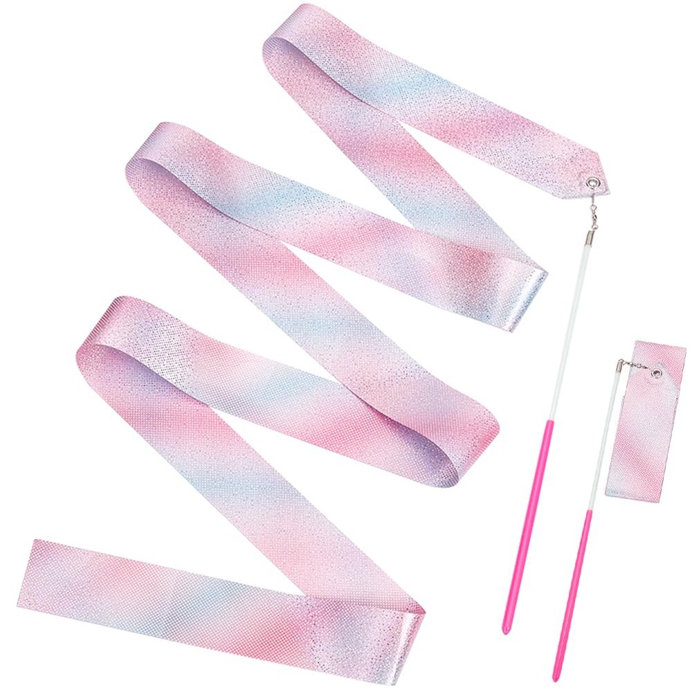 CREATCABIN 2Pcs Polycotton Dance Ribbons Sparkling Gymnastic Ribbons Rhythmic Gymnastic Streamers Pink Twirling Ribbons with Wand for Talent Shows Artistic Dancing Circus Carnival Baton Stick 76.7Inch
