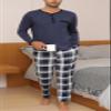 Yukiuiny Mens Pyjama Sets Comfy Loungewear Nightwear Long Sleeve Pocket Pjs, Blue Cotton Top/Navy Blue Plaid Bottom XL view 2
