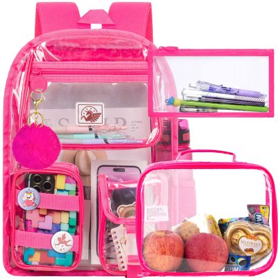 CCJPX 3Pcs Clear Backpack for Girls, School Transparent Bookbag for Women, Cute Heavy Duty See Through Backpacks for Teens Elementary (Rose)