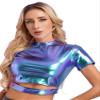 YiZYiF Women's Shiny Metallic Holographic Shirt Party Disco Dance T-Shirt Short Sleeve Crop Top Vest Cut Out Holographic Blue A X-Large view 1