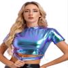 YiZYiF Women's Shiny Metallic Holographic Shirt Party Disco Dance T-Shirt Short Sleeve Crop Top Vest Cut Out Holographic Blue A X-Large view 2