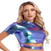 YiZYiF Women's Shiny Metallic Holographic Shirt Party Disco Dance T-Shirt Short Sleeve Crop Top Vest Cut Out Holographic Blue A X-Large view 3