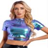 YiZYiF Women's Shiny Metallic Holographic Shirt Party Disco Dance T-Shirt Short Sleeve Crop Top Vest Cut Out Holographic Blue A X-Large view 4