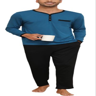 Yukiuiny Mens Long Sleeve Pyjama Sets Comfy Lounge Nightwear Tops Pants,Blue Cotton Top/Black Bottom XL