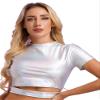YiZYiF Women's Shiny Metallic Holographic Shirt Party Disco Dance T-Shirt Short Sleeve Crop Top Vest Cut Out Holographic Silver A Large view 1