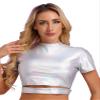 YiZYiF Women's Shiny Metallic Holographic Shirt Party Disco Dance T-Shirt Short Sleeve Crop Top Vest Cut Out Holographic Silver A Large view 2