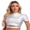 YiZYiF Women's Shiny Metallic Holographic Shirt Party Disco Dance T-Shirt Short Sleeve Crop Top Vest Cut Out Holographic Silver A Large view 3