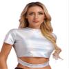 YiZYiF Women's Shiny Metallic Holographic Shirt Party Disco Dance T-Shirt Short Sleeve Crop Top Vest Cut Out Holographic Silver A Large view 4