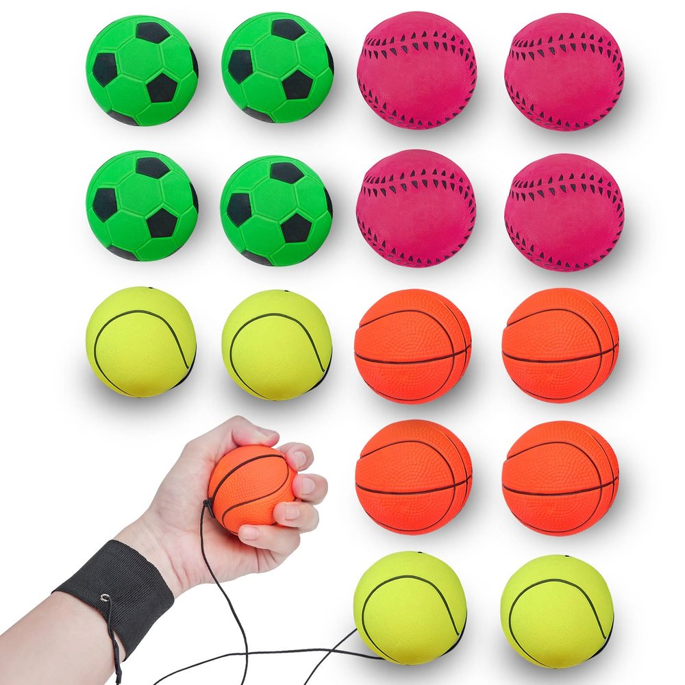 4/8/16 Pack 2.36 Inch Wrist Return Ball Wristband Balls Rubber Rebound Bouncy Sport Ball (Basketball, Baseball, Soccer,Tennis) on Elastic String Wrist Exercise or Play,Gift Toy for Kids Teens Adults