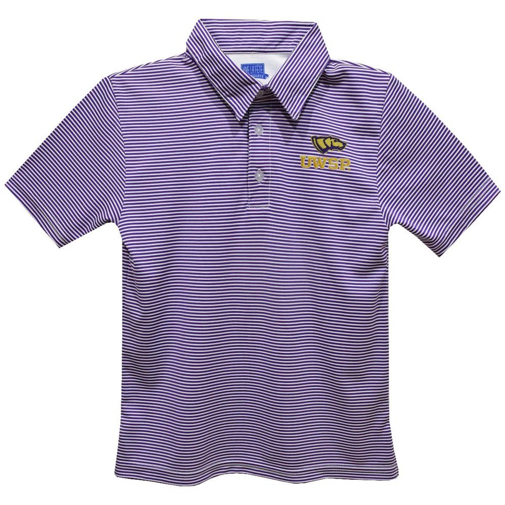 University of Wisconsin Stevens Point Polo Shirts for Boys 100% Polyester - Embroidered Stripes Short Sleeve Polo Boys Shirt Purple Stripes Short Sleeve Polo Boys Shirt
