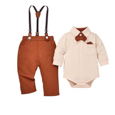 3 Months Baby Boys Formal Suit Gentleman Outfits Newborn Baby Boy Clothes Bowtie Romper fall winter Long Sleeve Clothes Baby Boy Bodysuit Shirt Suspender Pants Wedding Tuxedo Outfit Beige 3-6 Months