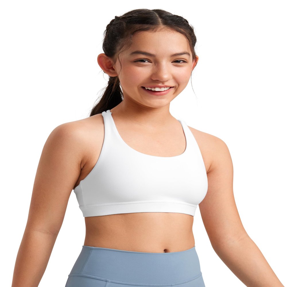 CRZ YOGA Girls Butterluxe Cross Back Sports Bra - Yoga Athletic Casual Tops Scoop Neck Padded Crop Kids Teen White Medium