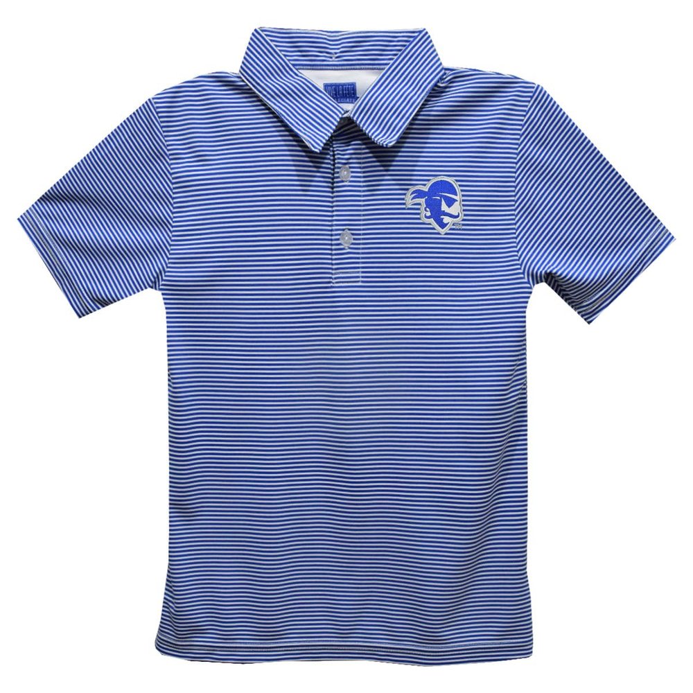 Seton Hall University Polo Shirts for Boys 100% Polyester - Embroidered Stripes Short Sleeve Polo Boys Shirt Royal Stripes Short Sleeve Polo Boys Shirt