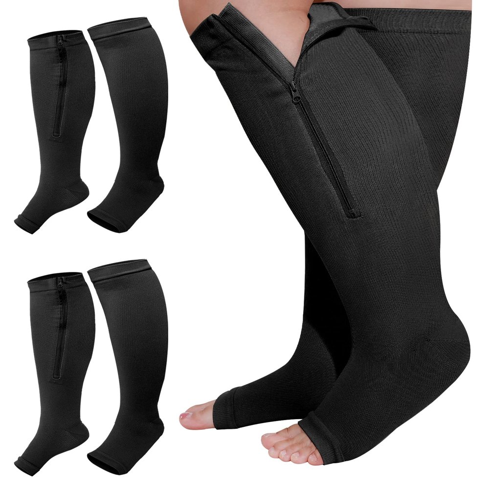 Hillban 2 Pair Plus Size Calf Zipper Compression Socks 15 to 20 Mmhg Open Toe Compression Stockings for Overweight Women Men(3 XL,Nude)