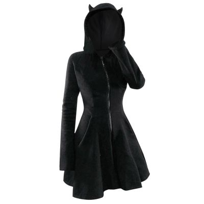 Womens Gothic Hoodies Dress Winter Fall Long Sleeve Sweatshirts Velvet Pullover Dresses Lightweight Cat Outfits Black