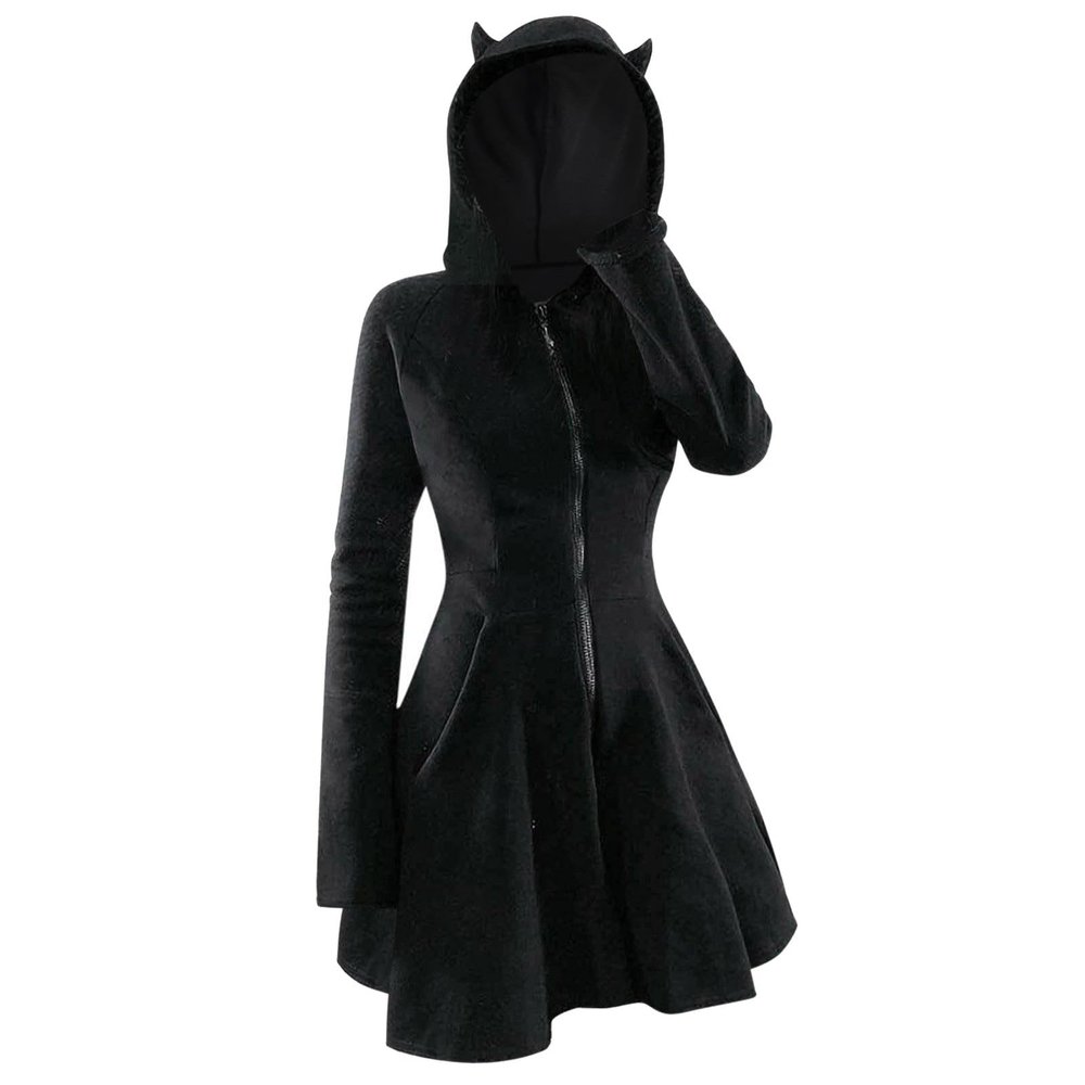 Womens Gothic Hoodies Dress Winter Fall Long Sleeve Sweatshirts Velvet Pullover Dresses Lightweight Cat Outfits Black