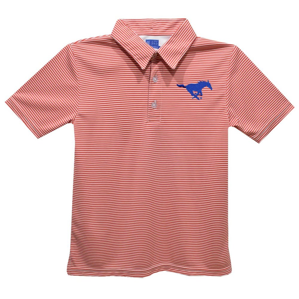 SMU Mustangs Polo Shirts for Boys 100% Polyester - Embroidered Stripes Short Sleeve Polo Boys Shirt Red Stripes Short Sleeve Polo Boys Shirt
