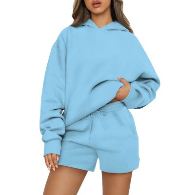 Basysin Lounge Sets for Women Womens 2 Piece Outfits Solid Oversized Hoodies Sweatsuit Sets Casual Sweatshirt and Shorts Set 02-Light Blue Small