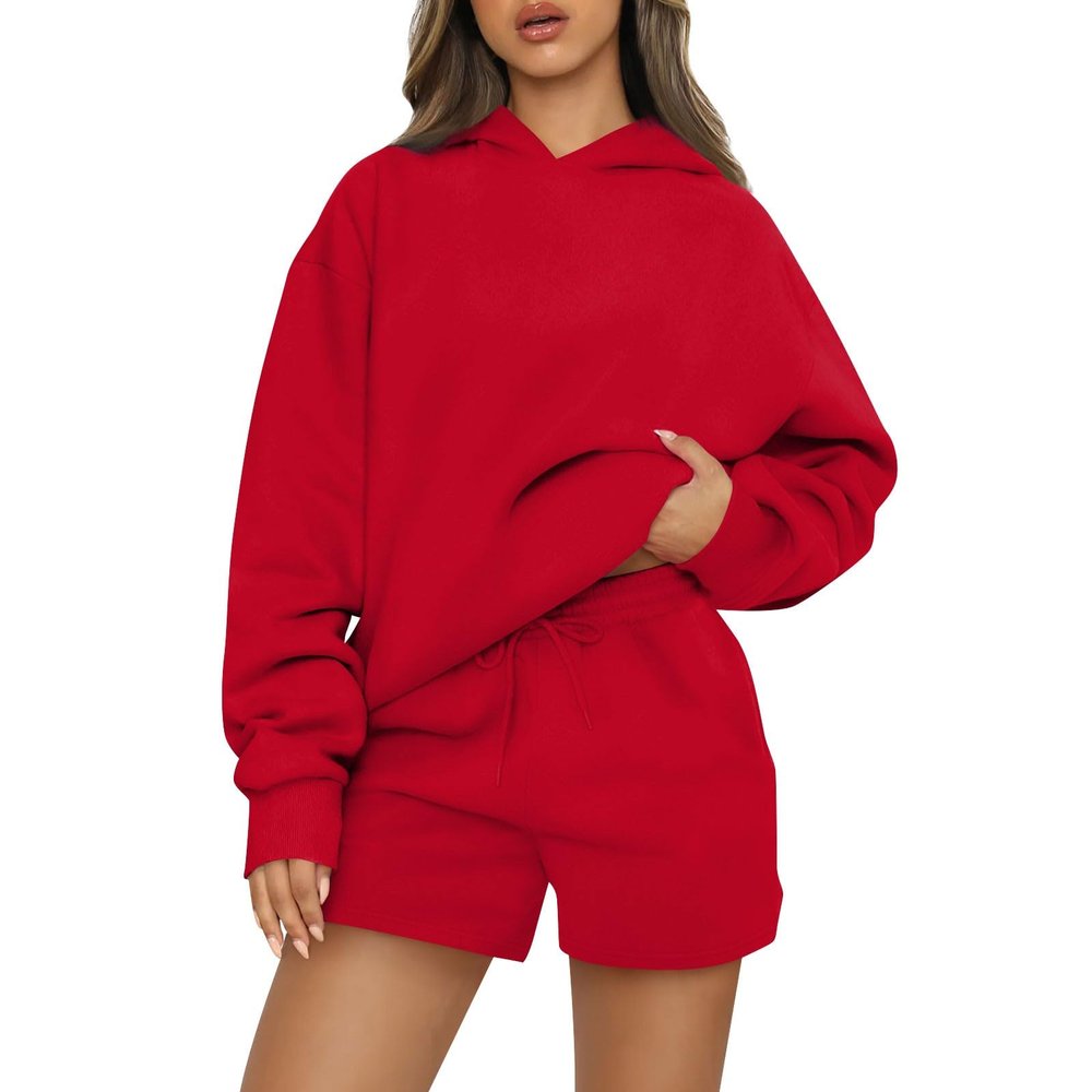 Basysin Lounge Sets for Women Womens 2 Piece Outfits Solid Oversized Hoodies Sweatsuit Sets Casual Sweatshirt and Shorts Set 02-Red Small